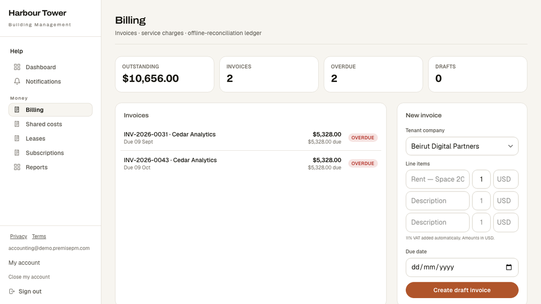 The accountant's invoices in Premise: numbered invoices per tenant with status