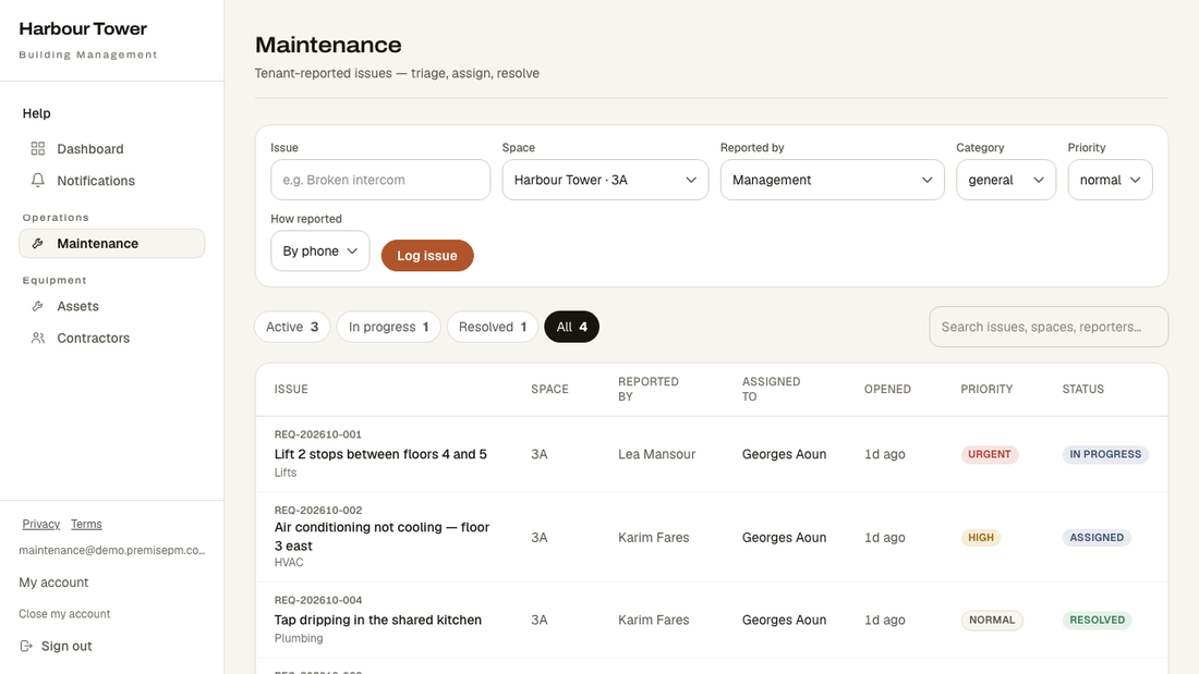 The queue — everything reported, with priority and status